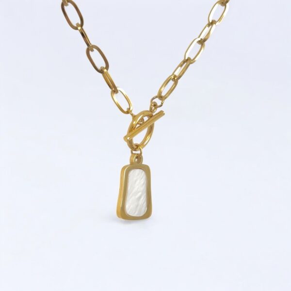 Élégance Gold Necklace - Mother-of-Pearl Pendant and T-Bar Clasp - Image 2